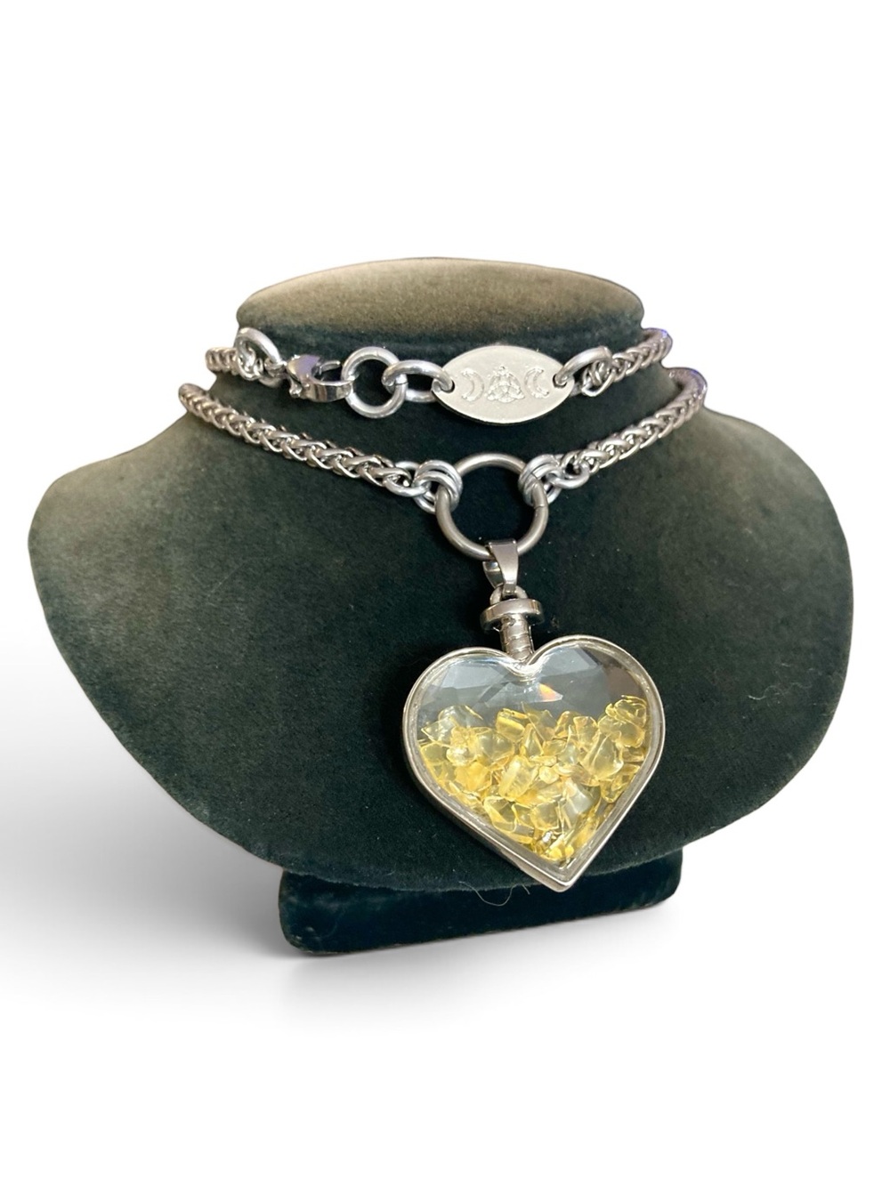 Genuine citrine gemstones chips in heart glass bottle boho silver necklace